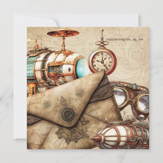 Steampunk mit Blimps Maps Goggles Celebration Einladung (Rückseite)