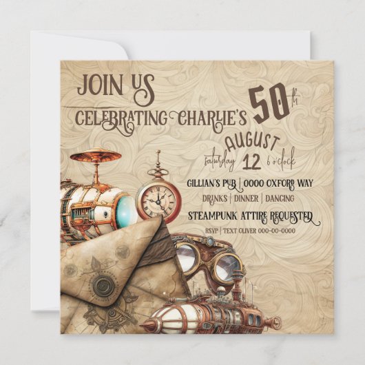 Steampunk mit Blimps Maps Goggles Celebration Einladung (Vorderseite)