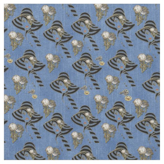 Steampunk mit Ladys Hats auf Blue Denim Stoff (Nahaufnahme)