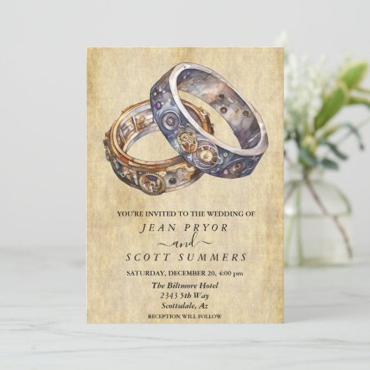 Steampunk Modern Rings Minimalistisch Einladung (Stehend Vorderseite)