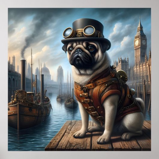 Steampunk Mops Surreal Art Old London Docks Poster (Vorne)