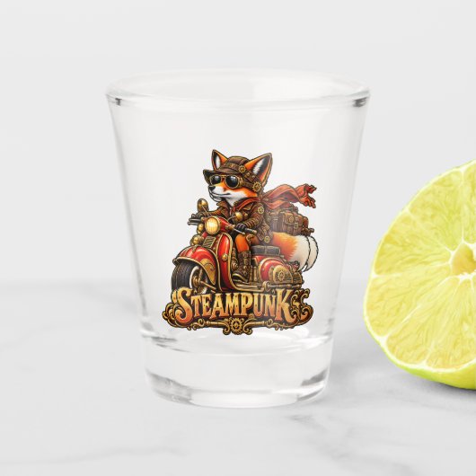 Steampunk-Motorrad-Fuchs Schnapsglas (Vorderseite)