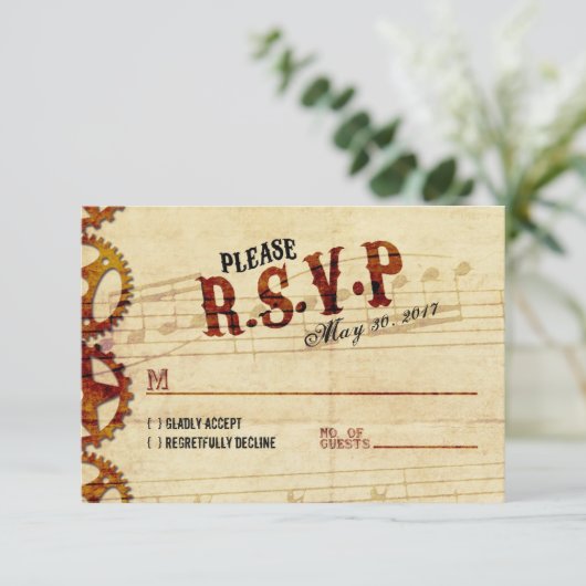 Steampunk Musical Wedding RSVP Card Karte (Stehend Vorderseite)