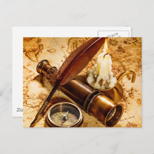 Steampunk-nautisches Teleskop antiker Kompass Postkarte (Vorne/Hinten)