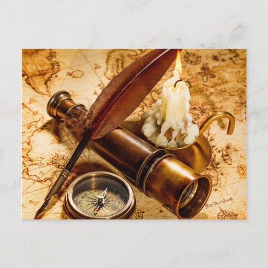 Steampunk-nautisches Teleskop antiker Kompass Postkarte (Vorderseite)