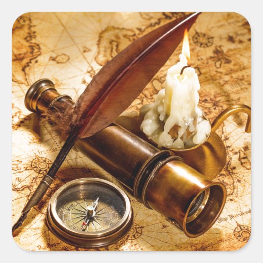 Steampunk-nautisches Teleskop antiker Kompass Quadratischer Aufkleber (Vorderseite)