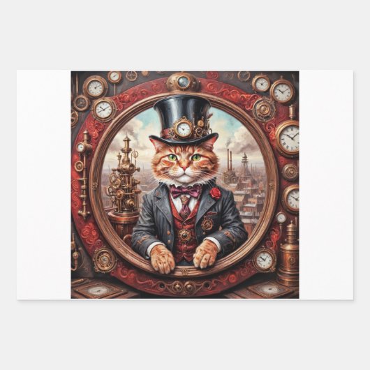 Steampunk noble red cat in a frame - Decoupage  Geschenkpapier Set (Vorderseite)