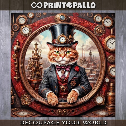 Steampunk noble red cat in a frame - Decoupage Geschenkpapier Set