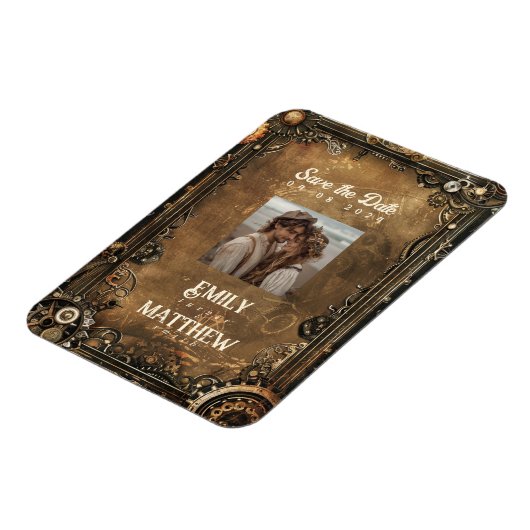 Steampunk Noir Affair Wedding rettet das Datum Magnet (Linke Seite)