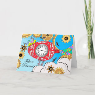 Steampunk Oaster in Spanish Felices Pascuas Feiertagskarte