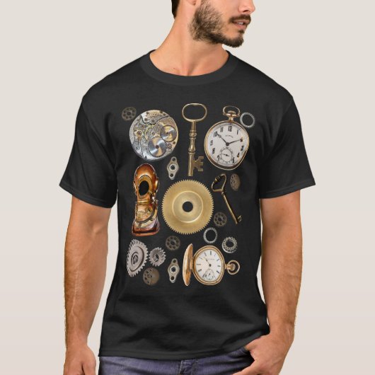 Steampunk-Objekte Gears Pocket Uhr Skeletttasten T-Shirt (Vorderseite)