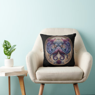 Steampunk-Oktopus-Emblem mit violetten Rosen Kissen