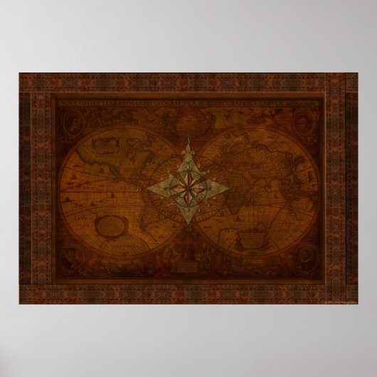 Steampunk Old World Map & Compass Rose Design Poster (Vorne)