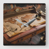Steampunk Olde Worlde Map and Desk Quadratische Wanduhr (Vorderseite)