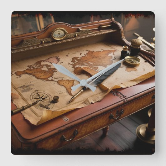 Steampunk Olde Worlde Map and Desk Quadratische Wanduhr (Vorderseite)