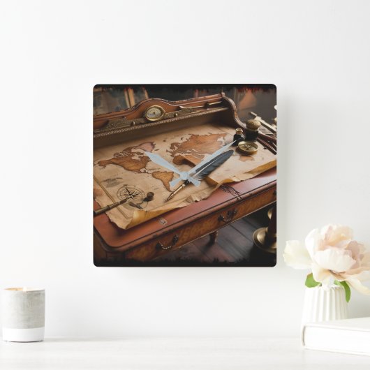 Steampunk Olde Worlde Map and Desk Quadratische Wanduhr (Zuhause)