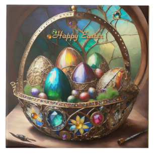 Steampunk-Osterkorb gefüllt mit farbenfrohen Eiern Fliese