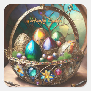 Steampunk-Osterkorb gefüllt mit farbenfrohen Eiern Quadratischer Aufkleber