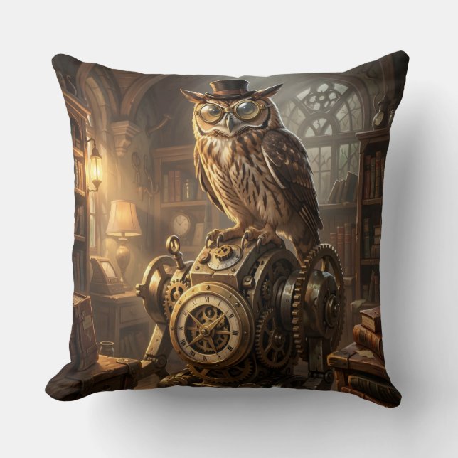 steampunk owl clockwork art pillow kissen (Vorderseite)