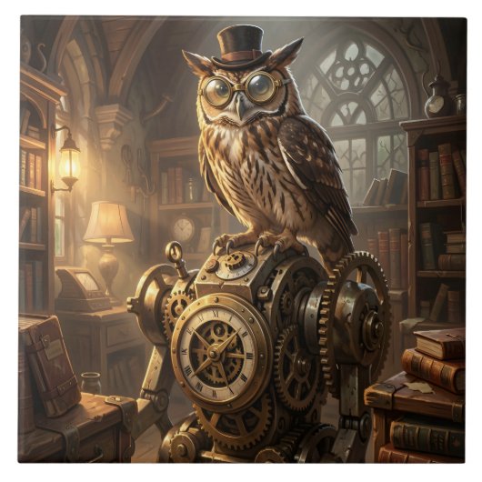 steampunk owl clockwork art tile fliese (Vorderseite)