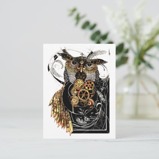 Steampunk Owl Postkarte (Stehend Vorderseite)