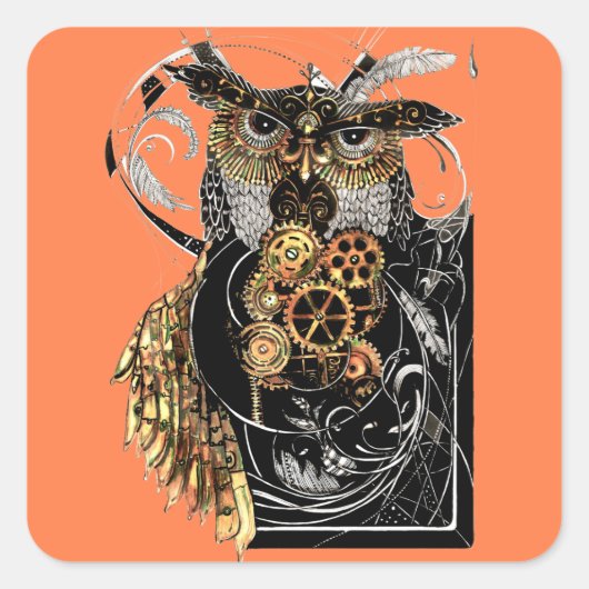 Steampunk Owl Quadratischer Aufkleber (Vorderseite)
