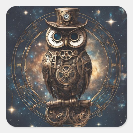 Steampunk Owl Quadratischer Aufkleber (Vorderseite)