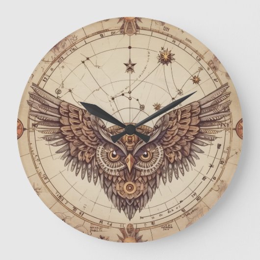 Steampunk Owl Wings Wall Clock | Vintage Mechanica Große Wanduhr (Vorderseite)
