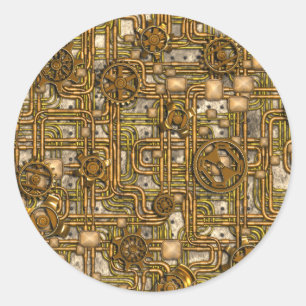 Steampunk-Panel - Zahnräder und Rohre - Messing Runder Aufkleber