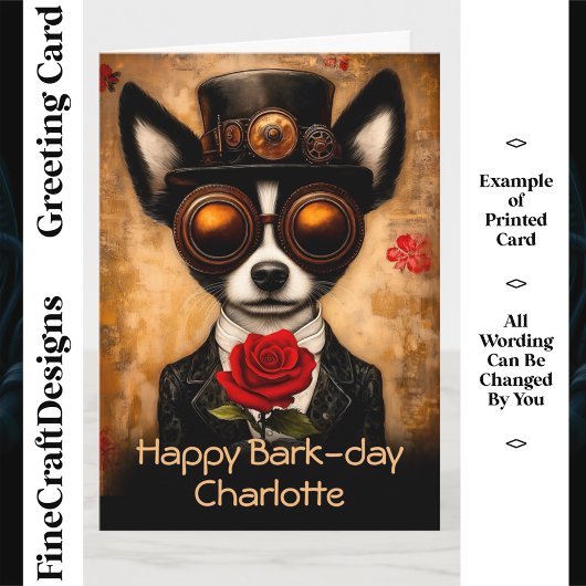 Steampunk Papillon Dog & Rote Rose CQ6 Geburtstag Karte