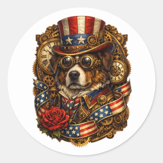 Steampunk Patriotic Dog Runder Aufkleber (Vorderseite)