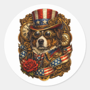 Steampunk-patriotischer Hund Runder Aufkleber