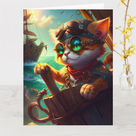Steampunk Pirate Cat Karte (Gelbe Blume)