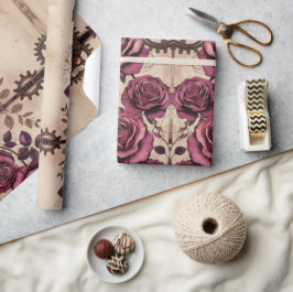Steampunk Plum Roses & Gears Wrapping Paper Geschenkpapier
