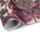 Steampunk Plum Roses & Gears Wrapping Paper Geschenkpapier (Rolleneckpunkt)