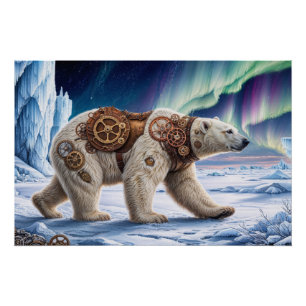 Steampunk-Polar-Bär und Aurora-Design Poster
