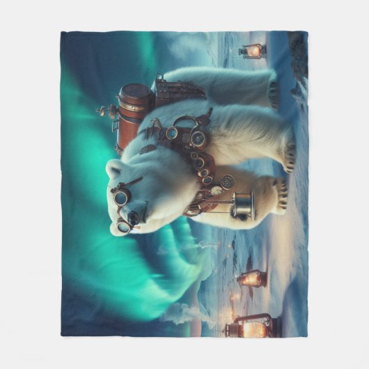 Steampunk Polar Bear und Aurora Art Fleecedecke (Vorderseite)
