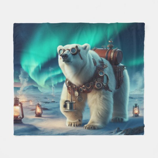 Steampunk Polar Bear und Aurora Art Fleecedecke (Vorderseite (Horizontal))