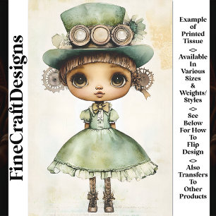 Steampunk Puppe Grüne Kleidung & Hut AM5 Decoupage Seidenpapier