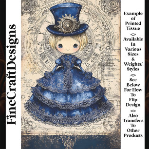 Steampunk-Puppe im blauen Kleid & Hut AM4 Decoupag Seidenpapier