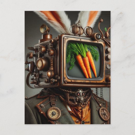Steampunk RabbitMan mit einem Fernsehkopf, der Kar Postkarte (Vorderseite)