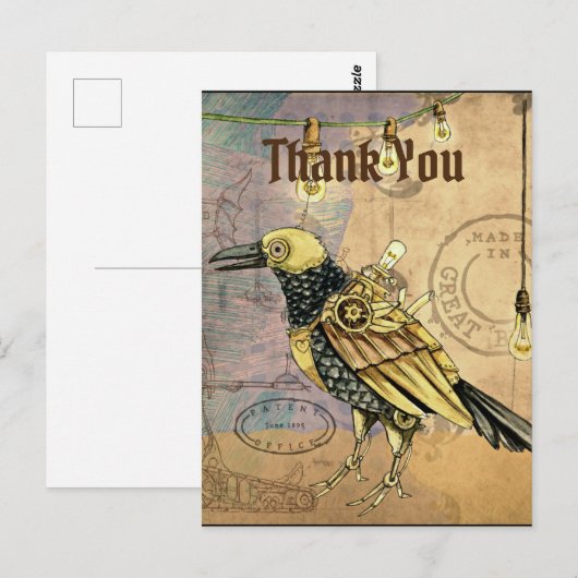 Steampunk-Rabe Danke Postkarte (Vorne/Hinten)