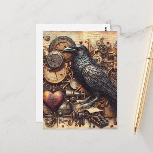Steampunk-Rabe Postkarte (Vorderseite/Rückseite Beispiel)