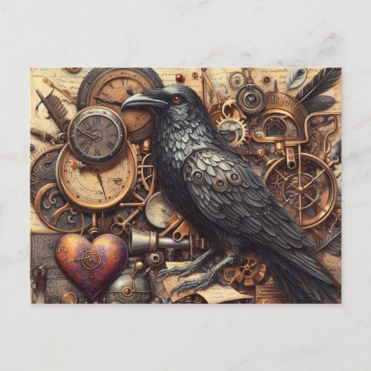 Steampunk-Raben-Collage Postkarte (Vorderseite)