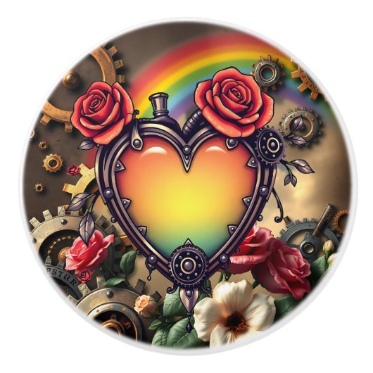 Steampunk Rainbow Heart and Gears Keramikknauf (Vorderseite)