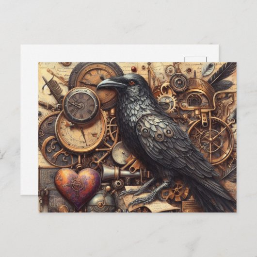 Steampunk Raven Collage Postkarte (Vorne/Hinten)