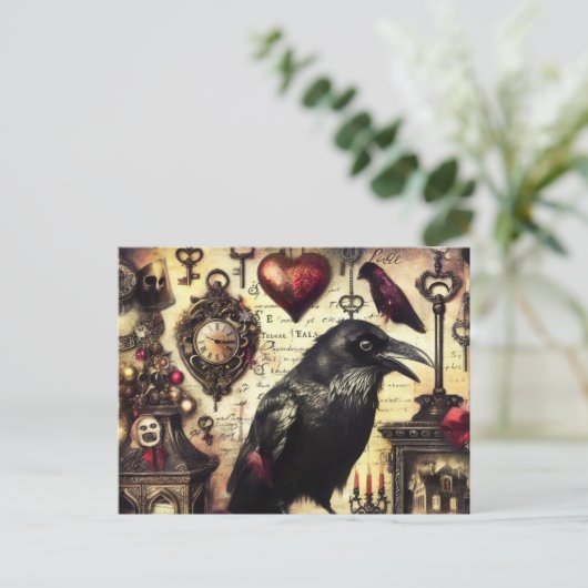 Steampunk Raven Horror Collage Postkarte (Stehend Vorderseite)