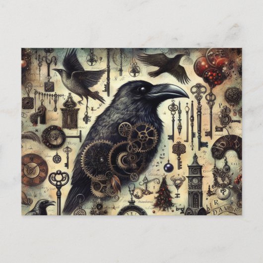 Steampunk Raven Poe Collage Postkarte (Vorderseite)