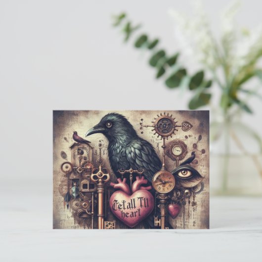 Steampunk Raven Tell Heart Collage Postkarte (Stehend Vorderseite)