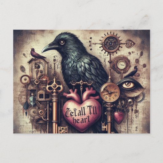 Steampunk Raven Tell Heart Collage Postkarte (Vorderseite)
